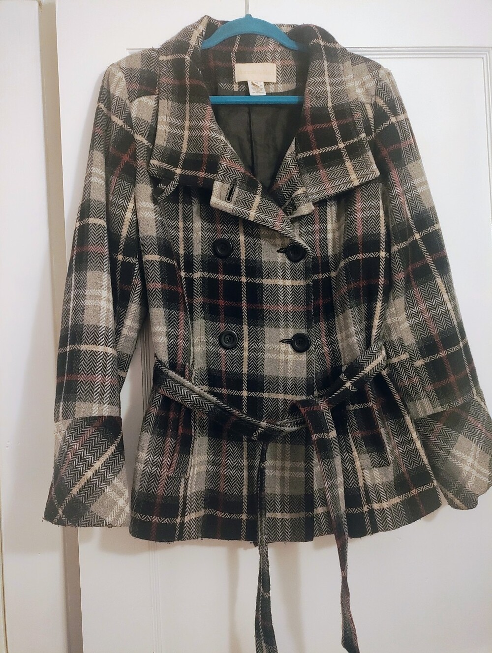 Monroe & Main Plaid Wool Blend Peacoat Jacket Womens M Belted Made USA